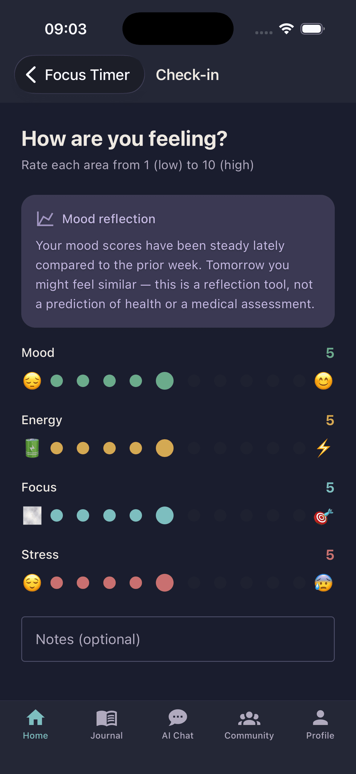 Oku mood check-in screen with mood, energy, focus, and stress ratings