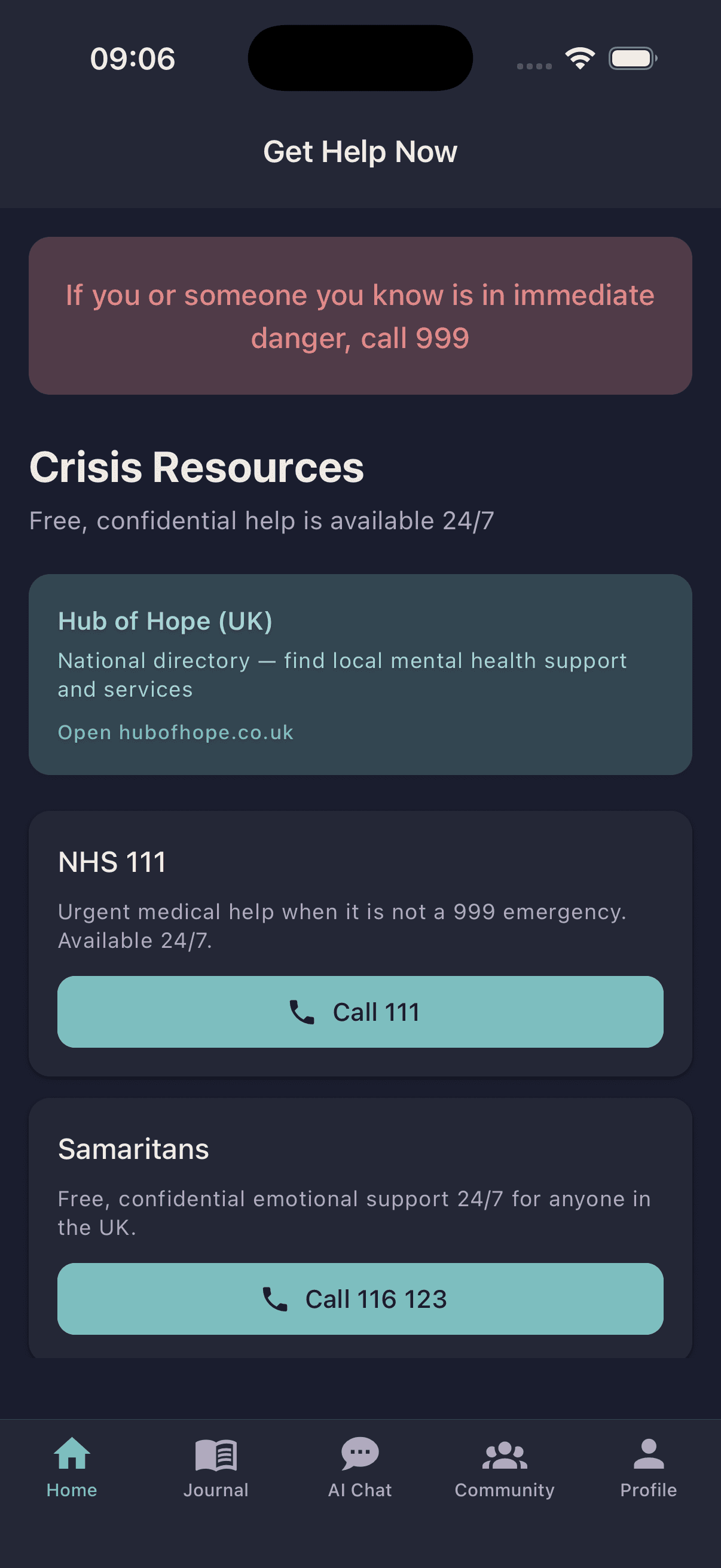 Oku Get Help Now screen with UK crisis resources including NHS 111 and Samaritans