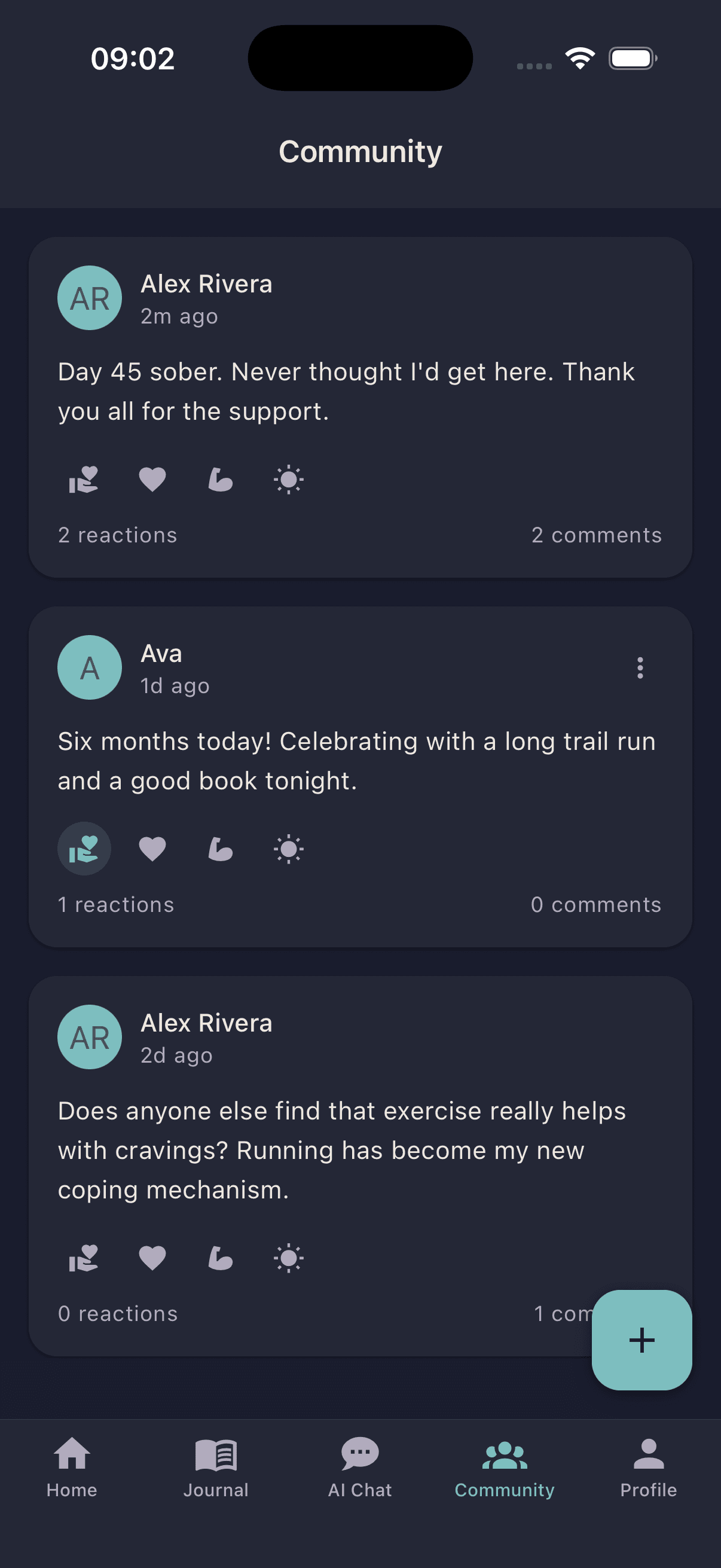 Oku community feed with supportive posts and reactions