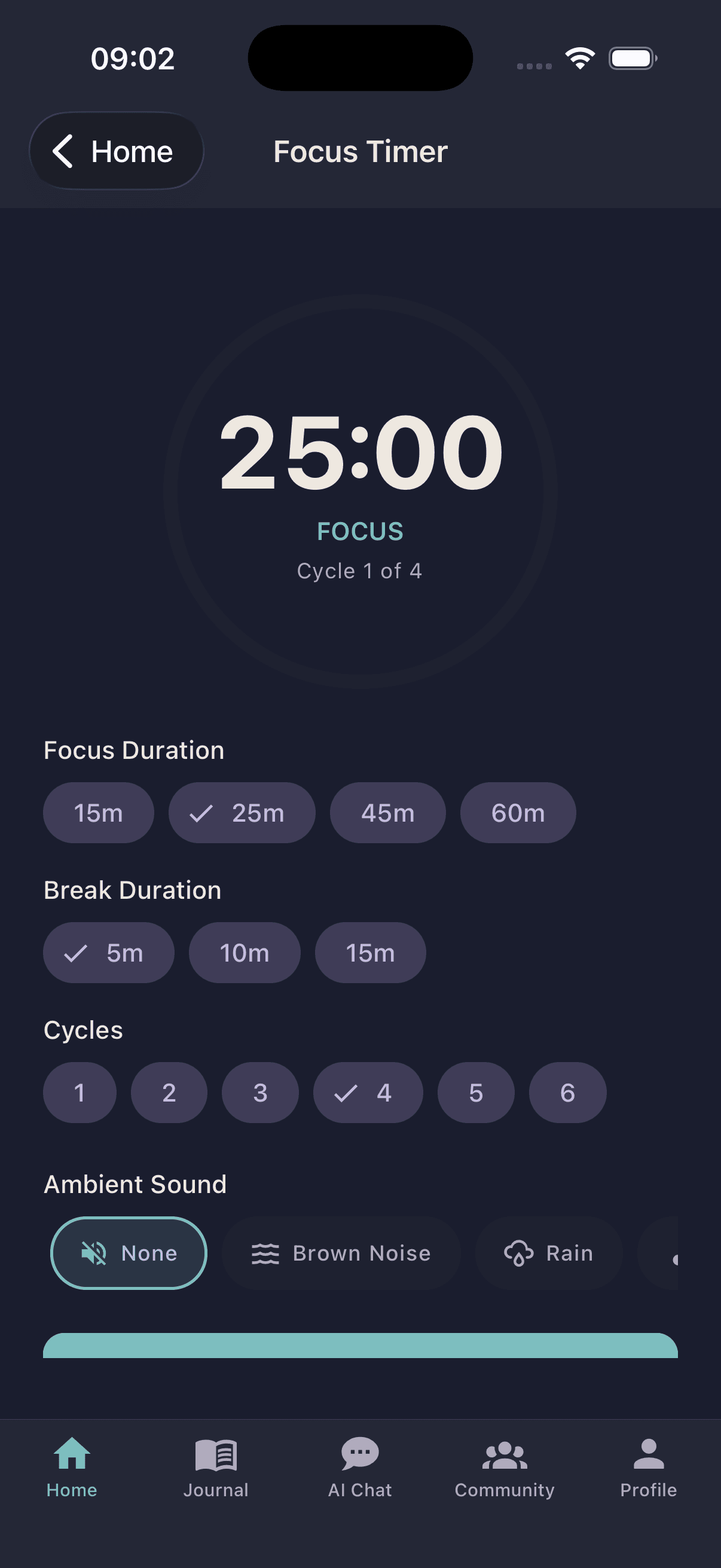 Oku focus timer with Pomodoro settings and ambient sounds