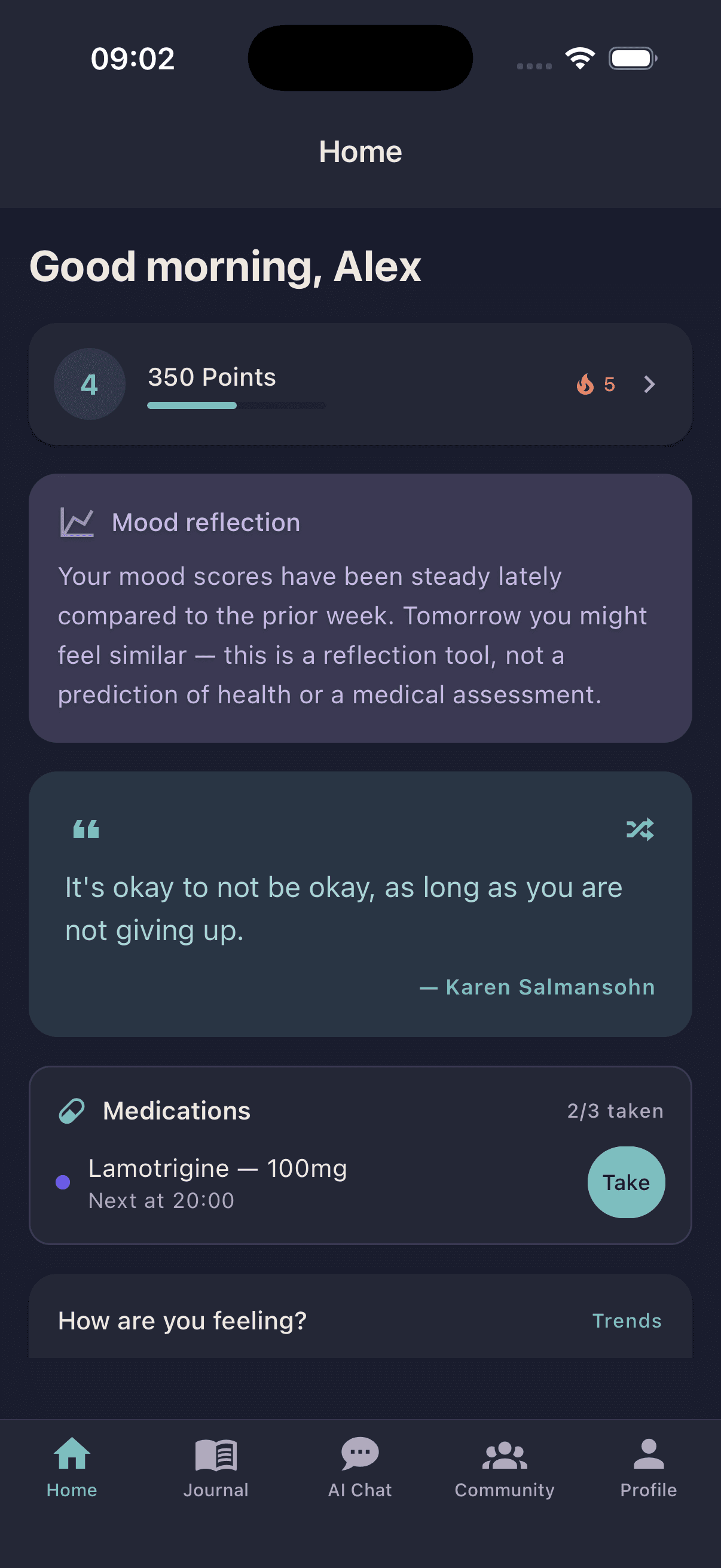 Oku home screen showing mood reflection, medications, and daily greeting