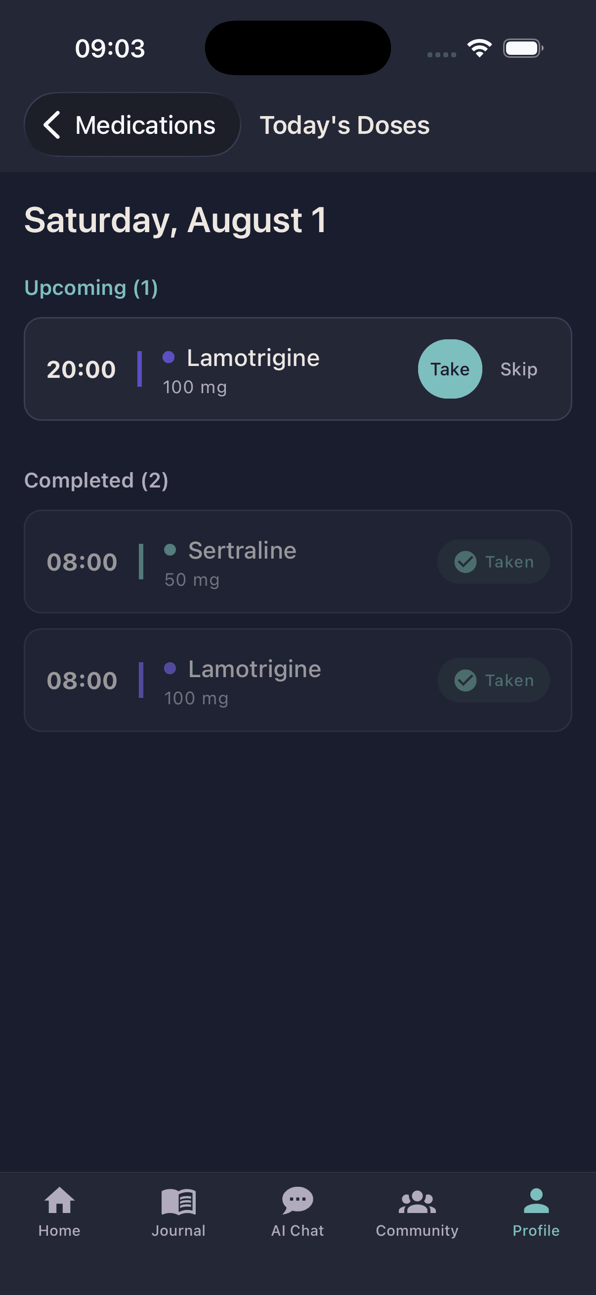 Oku today’s doses screen showing upcoming and completed medications